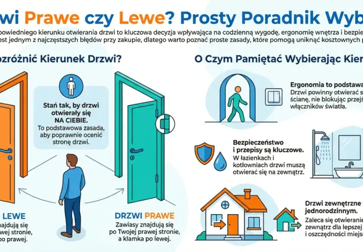Drzwi lewe czy prawe? Poradnik wyboru kierunku otwierania drzwi. Ilustracja pokazuje, jak rozróżnić drzwi lewe i prawe, z uwzględnieniem ergonomii i bezpieczeństwa.