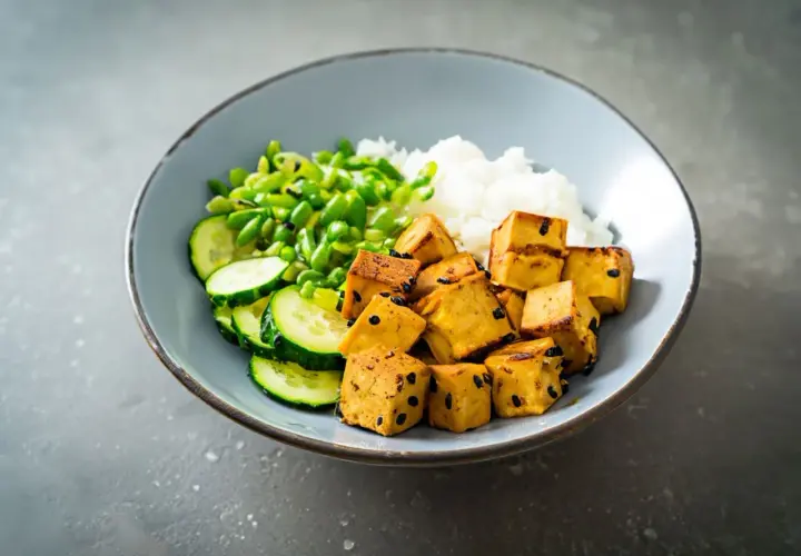 Miseczka z ryżem, zielonym groszkiem, ogórkiem i kostkami aromatycznego, wędzonego tofu.