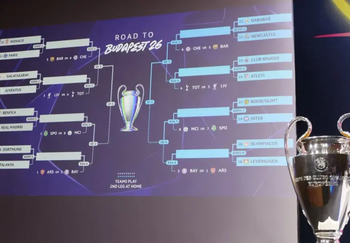 Liga mistrzów drabinka do Budapesztu 26. Widoczny puchar i ścieżki do finału z nazwami drużyn.