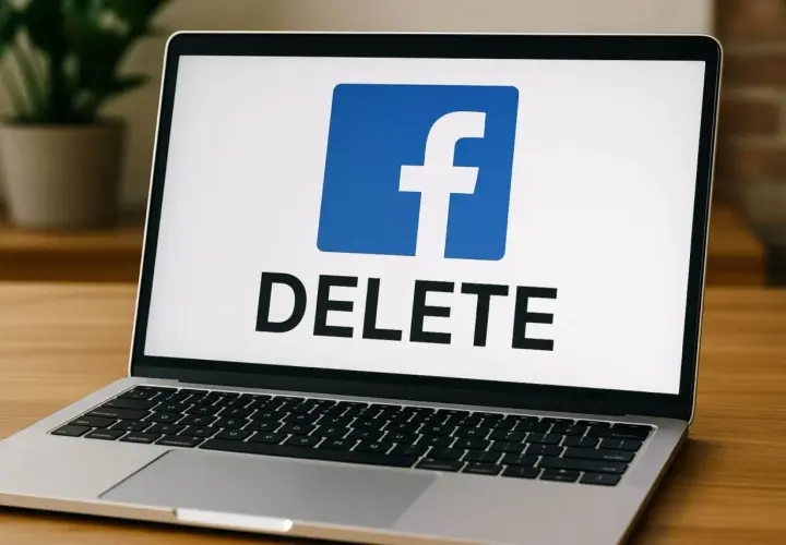 Laptop z logo Facebook i napisem "DELETE". Chcesz wiedzieć, jak usunąć konto na FB? Ten obrazek sugeruje, że to możliwe.