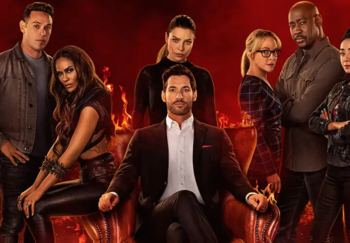Le casting des épisodes de Lucifer, avec Lucifer Morningstar au centre, entouré de ses acolytes sur fond de flammes infernales.