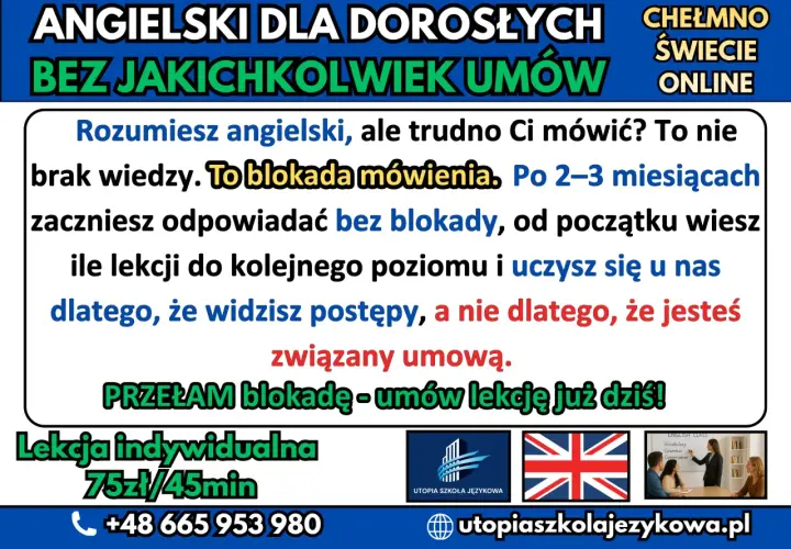 Chcesz wiedzieć, jak nauczyć się mówić po angielsku bez blokady? Szkoła Utopia oferuje lekcje indywidualne online, bez długoterminowych umów. Przełam barierę mówienia!
