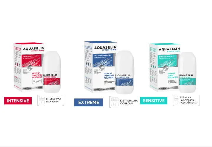 Trzy antyperspiranty Aquaselin: Intensive dla kobiet, Extreme dla mężczyzn i Sensitive dla kobiet, każdy z unikalną formułą.