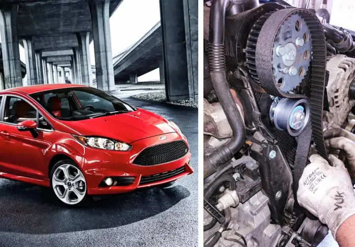 Röd Ford Focus 1.0 EcoBoost. Bilden visar kamremmen som byts ut. Ford Focus 1.0 ecoboost kamremsbyte pris.