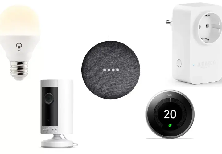Bombilla inteligente, cámara de seguridad, altavoz, enchufe y termostato. Todos son aparatos inteligentes para el hogar.