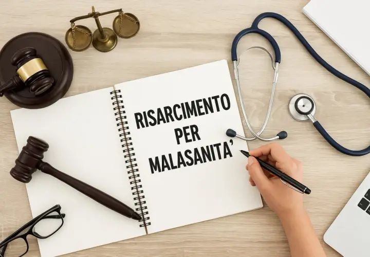 Bilancia della giustizia, martelletto e stetoscopio su un tavolo. Un quaderno aperto mostra "RISARCIMENTO PER MALASANITA'", evocando il decreto Balduzzi.