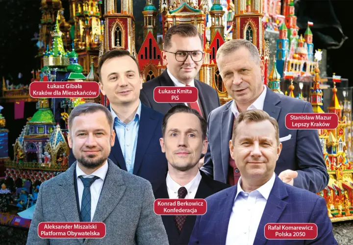Aleksander Miszalski z Platformy Obywatelskiej Kraków i jego koledzy na tle krakowskiej szopki.