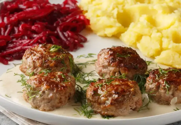 Pięć soczystych klopsów w kremowym sosie, udekorowanych koperkiem, podanych z purée ziemniaczanym i buraczkami.