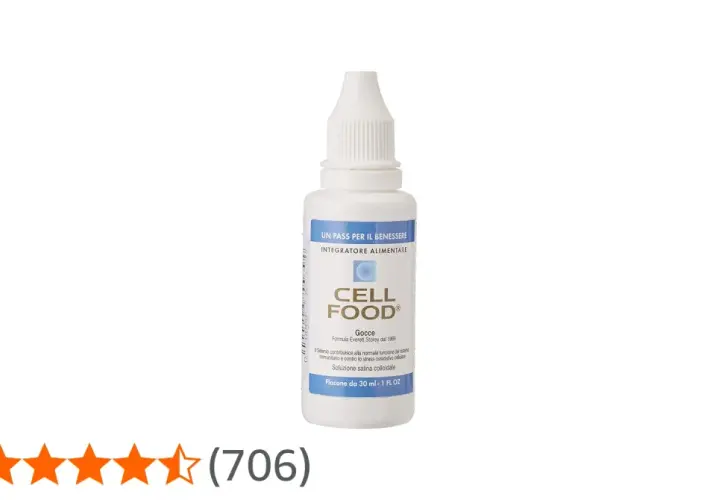 Flacone di Cell Food, integratore alimentare in gocce. Le opinioni mediche sul prodotto sono positive, evidenziando il suo supporto al benessere.