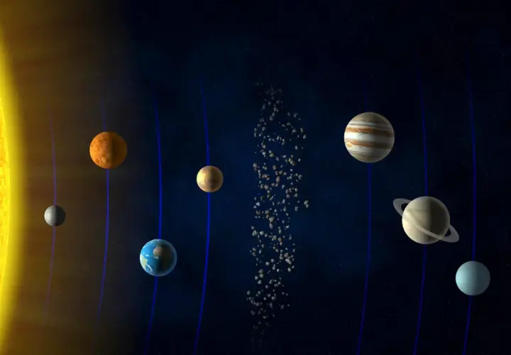 Ilustracja Układu Słonecznego z Słońcem i planetami na tle gwiazd.