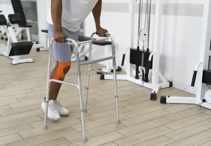 Mężczyzna z pomarańczową taśmą na kolanie ćwiczy z chodzikiem. Różne rodzaje sprzętu ortopedycznego pomagają w rehabilitacji.