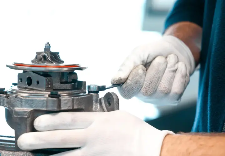Mechanik w białych rękawiczkach dokręca śrubę przy turbosprężarce, być może regulując zawór N75.