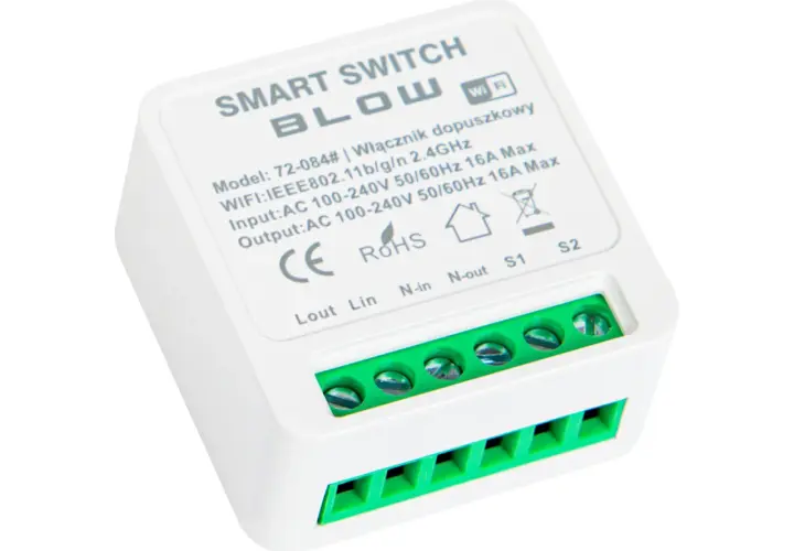 Biały moduł do **tuya automatyzacja** z zielonymi złączami śrubowymi. Włącznik smart z Wi-Fi, idealny do inteligentnego domu.