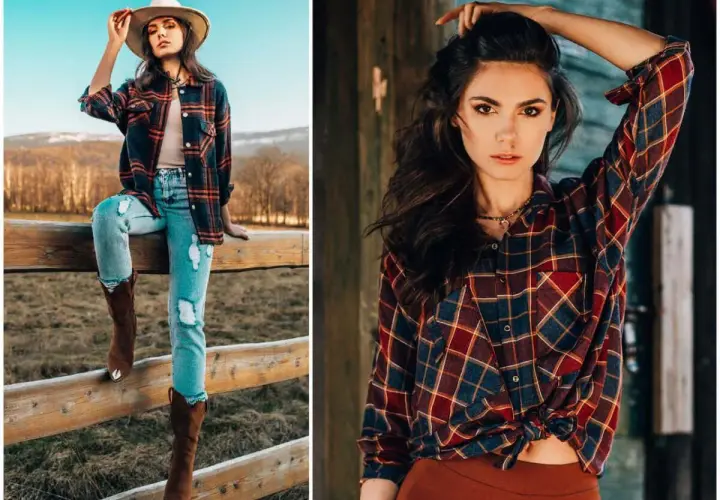 Dziewczyna w kapeluszu i kraciastej koszuli, styl country. Wygodne jeansy i kowbojki dopełniają look.