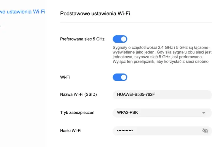 Ustawienia Wi-Fi: nazwa sieci HUAWEI-B535-762F, zabezpieczenia WPA2-PSK. Dowiedz się, jak wejść na stronę routera, by je zmienić.