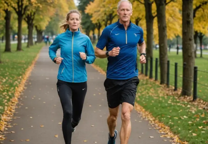 Para biegnie aleją w parku jesienią. Kobieta w niebieskiej kurtce i mężczyzna w niebieskiej koszulce, oboje w sportowym stroju, cieszą się aktywnością. To piękny bieg anglosaski.