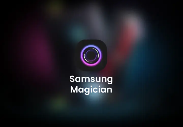 Ikona aplikacji Samsung Magician z neonowym okręgiem i nazwą programu.