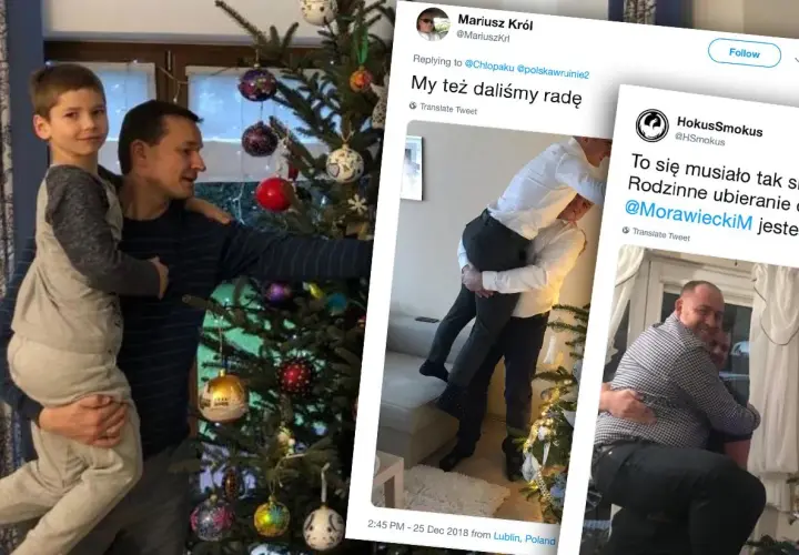 Rodzinne święta i tajemnica majątku syna Mateusza Morawieckiego. Dwa zdjęcia pokazują mężczyzn z dziećmi przy choince, jedno z nich to tweet o darowiznach.