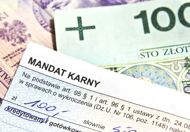 Mandat karny z kwotą 100 zł na tle polskich banknotów.