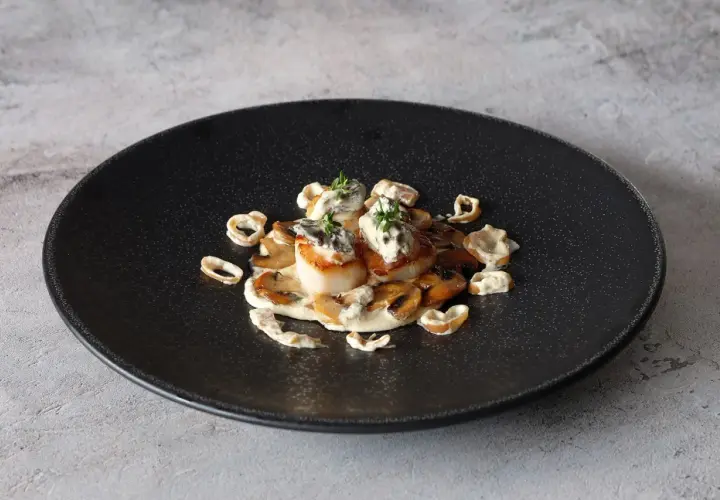 Coquilles Saint-Jacques aux morilles et leur sauce crémeuse au vin blanc, garnies de thym frais. Un délice visuel et gustatif.