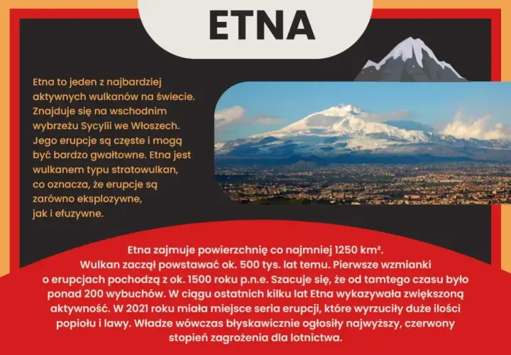 Majestatyczny wulkan Etna, jeden z najbardziej aktywnych na świecie, góruje nad włoską Sycylią. Jego potężne erupcje, choć nie w Afryce, budzą respekt.