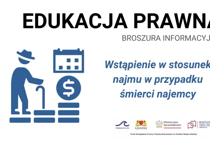 Ilustracja przedstawia starszą osobę z laską, kalendarz i symbol dolara, symbolizujące uzyskanie tytułu prawnego do lokalu po śmierci głównego najemcy.