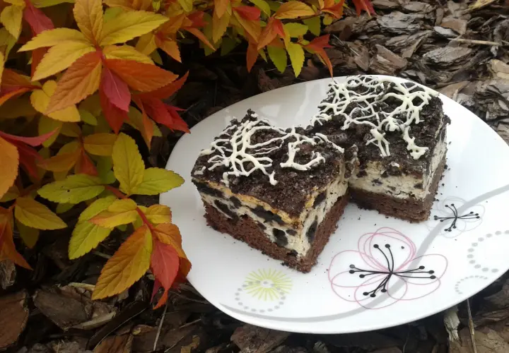 Dwa kawałki pysznego, pieczonego sernika Oreo z kremową masą i kawałkami ciastek, udekorowane białą czekoladą.