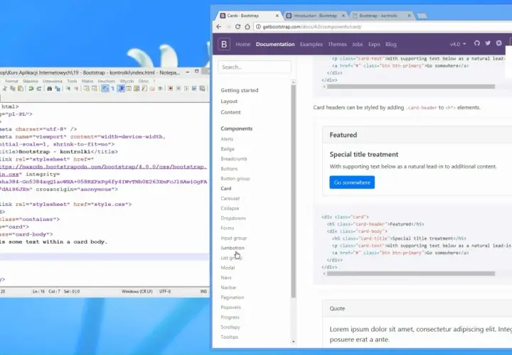 Kod HTML i CSS na ekranie pokazują, jak zacząć stronę HTML z użyciem Bootstrap. Widoczny jest edytor kodu i przeglądarka z dokumentacją.