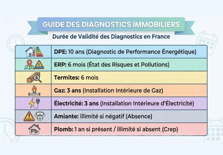 Guide des diagnostics immobiliers pour la vente d'une maison : durées de validité du DPE, ERP, termites, gaz, électricité, amiante et plomb.