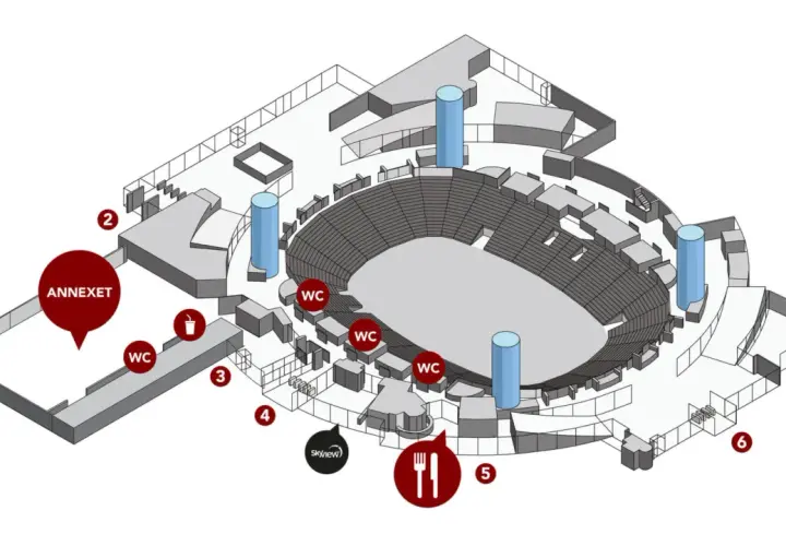 Plan över Annexet Stockholm med sittplatser, toaletter och matställen.