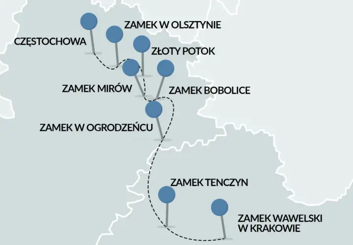 Mapa turystyczna z zaznaczonymi zamkami: Częstochowa, Zamek Olsztyn, Złoty Potok, Mirów, Bobolice, Ogrodzieniec, Tenczyn, Wawel. Szlak Orlich Gniazd.