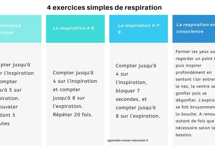 Les 4 types de respiration : cohérence cardiaque, respiration 4-8, 4-7-8, et en conscience. Instructions détaillées pour chaque exercice.