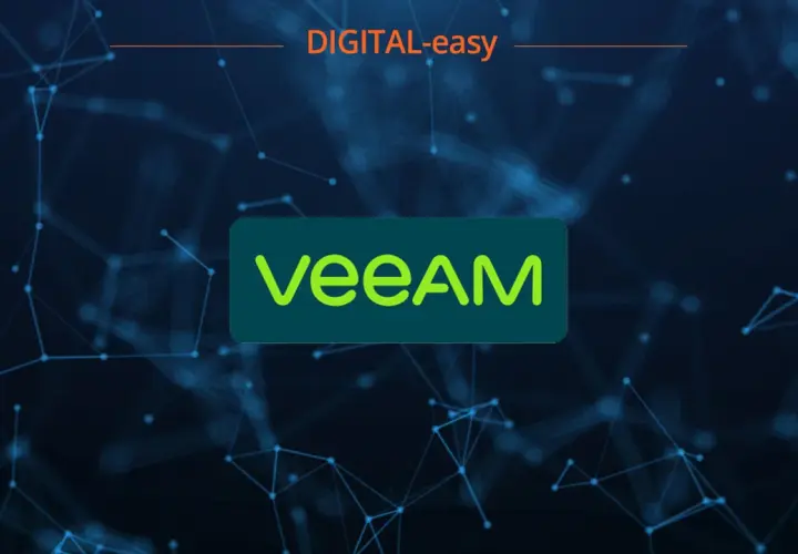 Veeam Agent Logo auf dunklem Hintergrund mit digitalen Netzwerken. DIGITAL-easy.