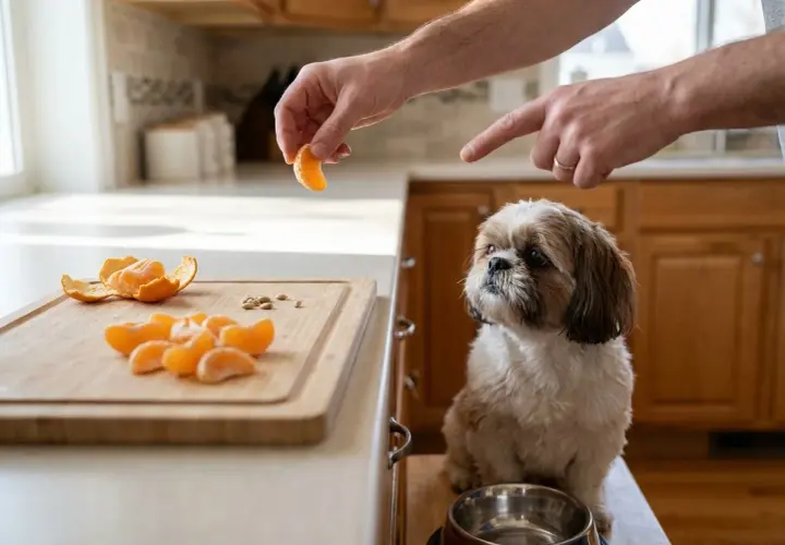 Czy pies może jeść mandarynkę? Mały piesek Shih Tzu patrzy z nadzieją na rękę trzymającą kawałek mandarynki.