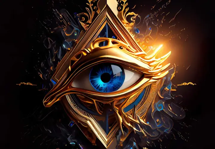 Ojo de Horus dorado y azul, símbolo de protección y poder. Su significado espiritual es profundo, representando la visión divina y la sanación.