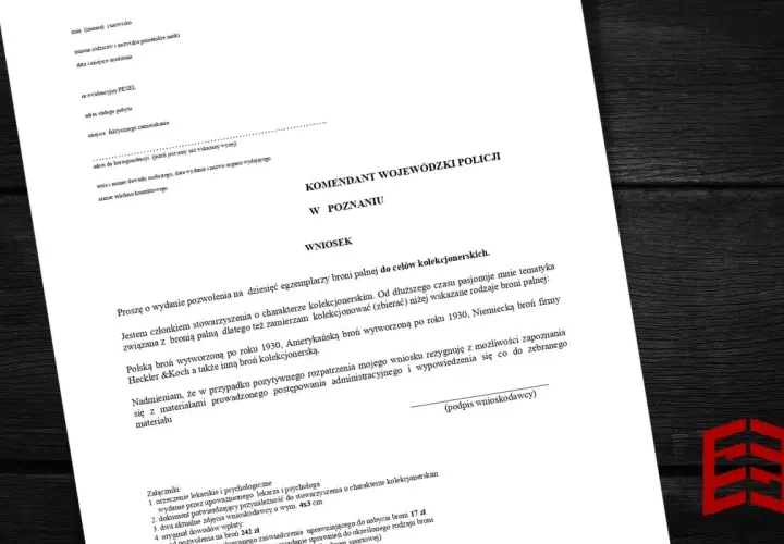 Wniosek o pozwolenie na broń kolekcjonerską do Komendanta Wojewódzkiego Policji w Poznaniu. Dokumenty zawierają dane wnioskodawcy i cel kolekcjonerski.