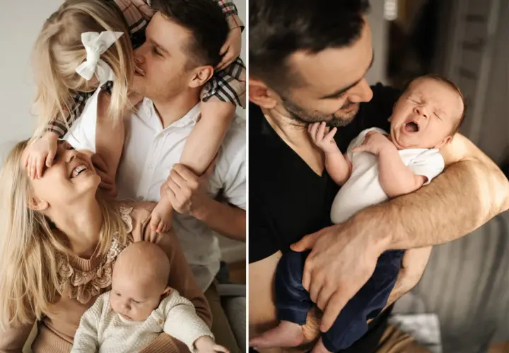 Rodzina podczas sesji noworodkowych: ojciec z dzieckiem na rękach, matka z córką i niemowlęciem.