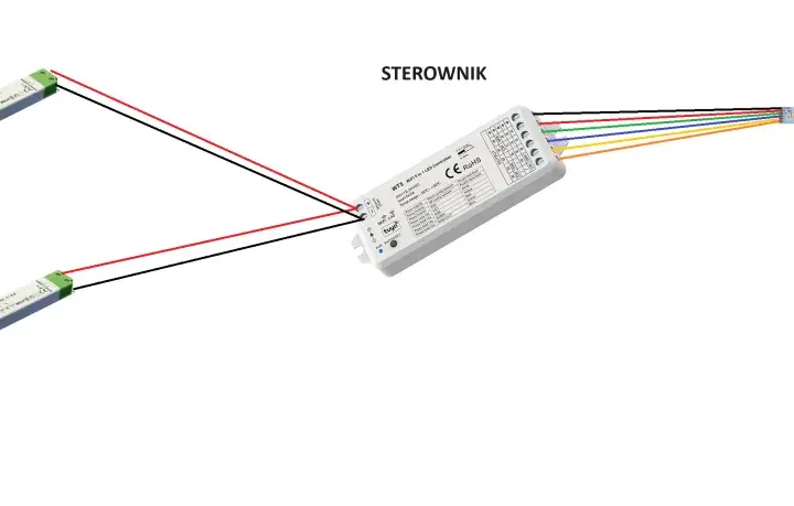 Schemat pokazuje zasilanie taśmy LED 24V z dwóch zasilaczy 200W, podłączonych do sterownika.
