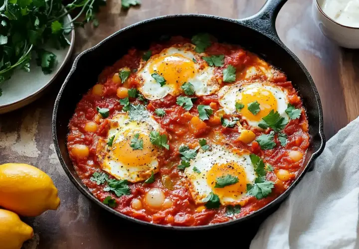 En gjutjärnspanna med ett smakligt shakshuka recept. Ägg pocherade i en kryddig tomatsås med kikärtor och färsk koriander.