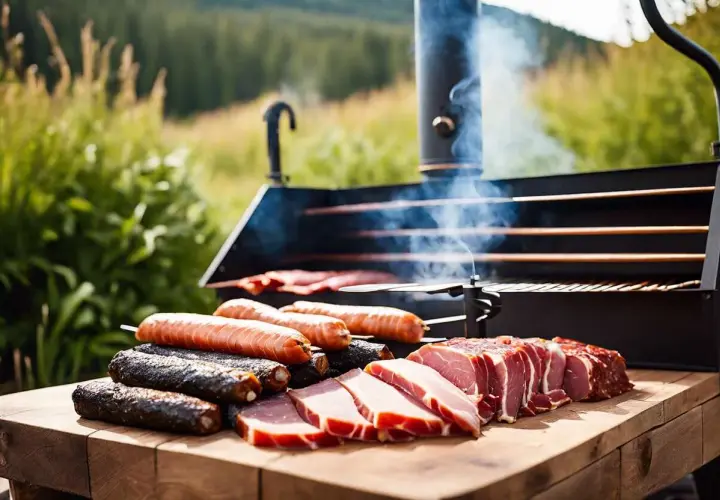 Saucisses, poisson et viande prêts pour le fumage à froid dans un fumoir extérieur. La fumée s'échappe du conduit.