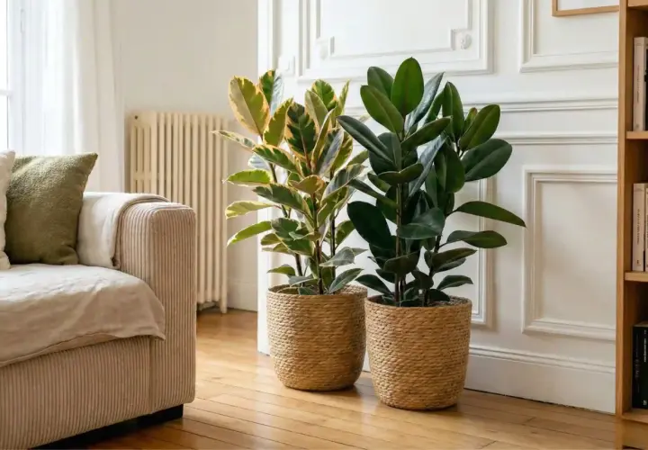 Deux ficus, l'un panaché, l'autre vert foncé, dans des paniers en osier. Parfait pour un entretien ficus dans un salon cosy.