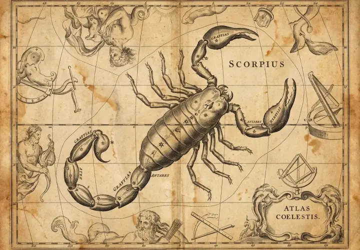 Starożytna mapa nieba z konstelacją Skorpiona. Słońce w Skorpionie, otoczone mitologicznymi postaciami i instrumentami astronomicznymi.