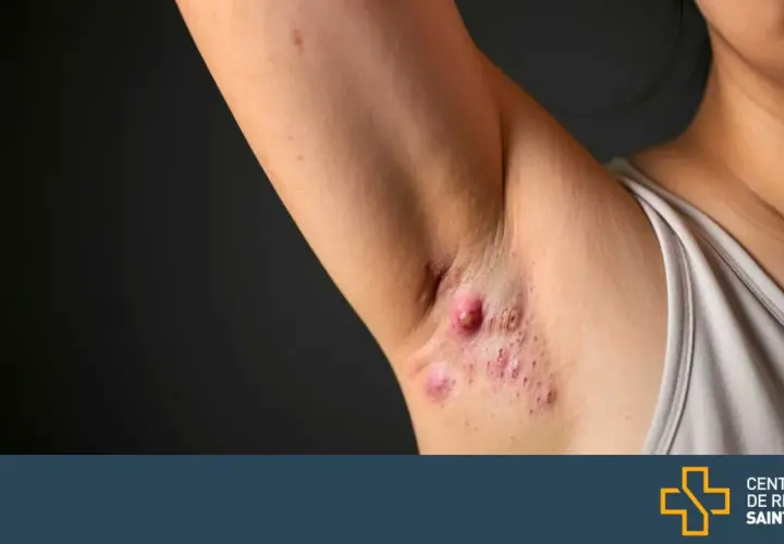 Aisselle avec plusieurs boutons rouges et enflammés. Apprenez comment se débarrasser d'un bouton sous la peau.
