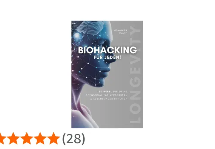 Buchcover: "Biohacking für jeden!" mit stilisiertem Kopf und Gehirn. Erfahre, was Biohacking ist und wie du deine Lebensqualität verbesserst.