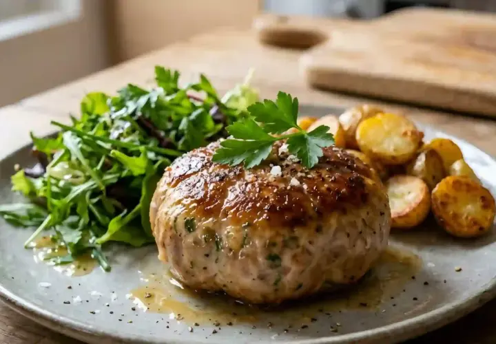 Une savoureuse crepinette de porc, dorée et juteuse, accompagnée de pommes de terre rôties et d'une salade verte fraîche.