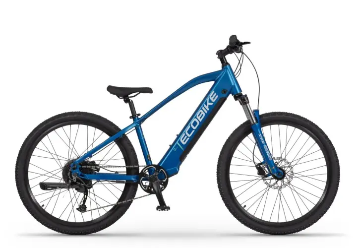 Niebieski elektryczny rower dla dzieci z napisem ECOBIKE na ramie. Idealny do nauki jazdy i pierwszych wycieczek.