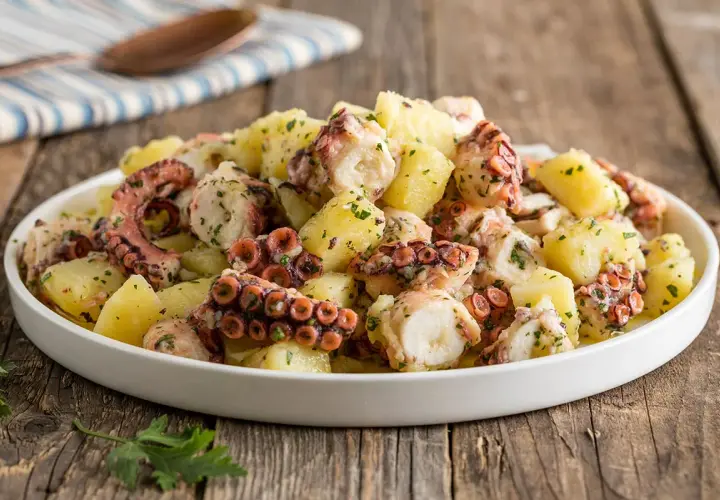 Insalata polpo e patate, un piatto saporito con tentacoli di polpo succulenti e patate morbide, condito con prezzemolo fresco.