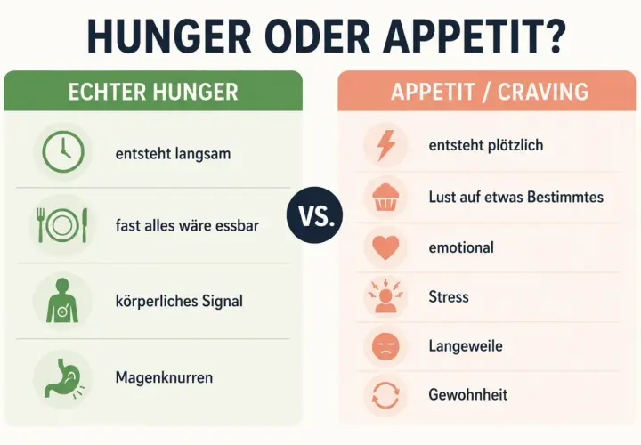 Gegenüberstellung von echtem Hunger (langsam, körperlich, Magenknurren) und Appetit (plötzlich, emotional, Stress, Gewohnheit). Hilft bei nächtlichem Hunger.