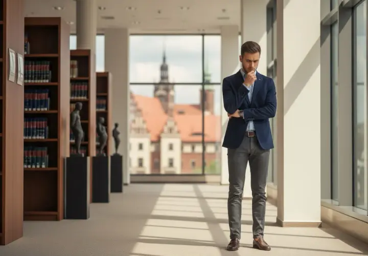 Młody prawnik zastanawia się, ile trwają studia prawnicze, stojąc w bibliotece z widokiem na zabytkowe budynki.