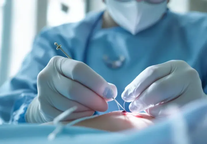 Mains gantées d'un chirurgien suturant une plaie avec précision. Le nombre de point de suture par cm est crucial pour une guérison optimale.